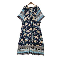 Chico's Maxi Dress Caftan sz 4 XXL (20) Blue Multicolor Floral Kimono Sleeve