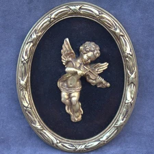 Vintage Cherub Playing Violin in Ornate Gold Frame Baroque rococo Wall Art gift