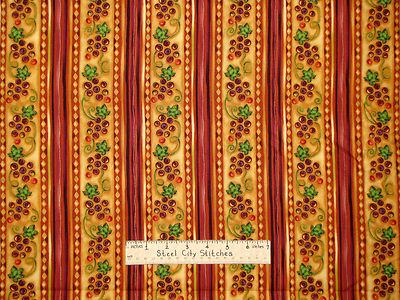 Wine Grape Vines Stripe Gold Accented WineTasting Cotton Novelty Fabric YARD