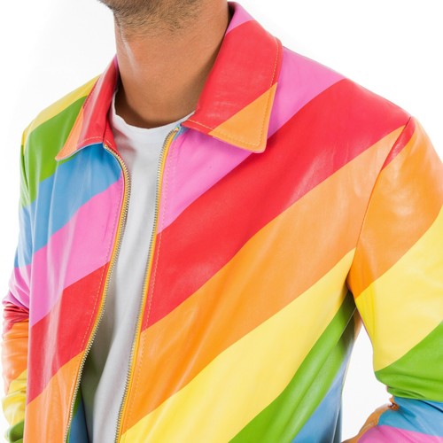 Italian handmade slim fit Men Gay genuine leather jacket RAINBOW XS to 2XL - 第 7/9 張圖片