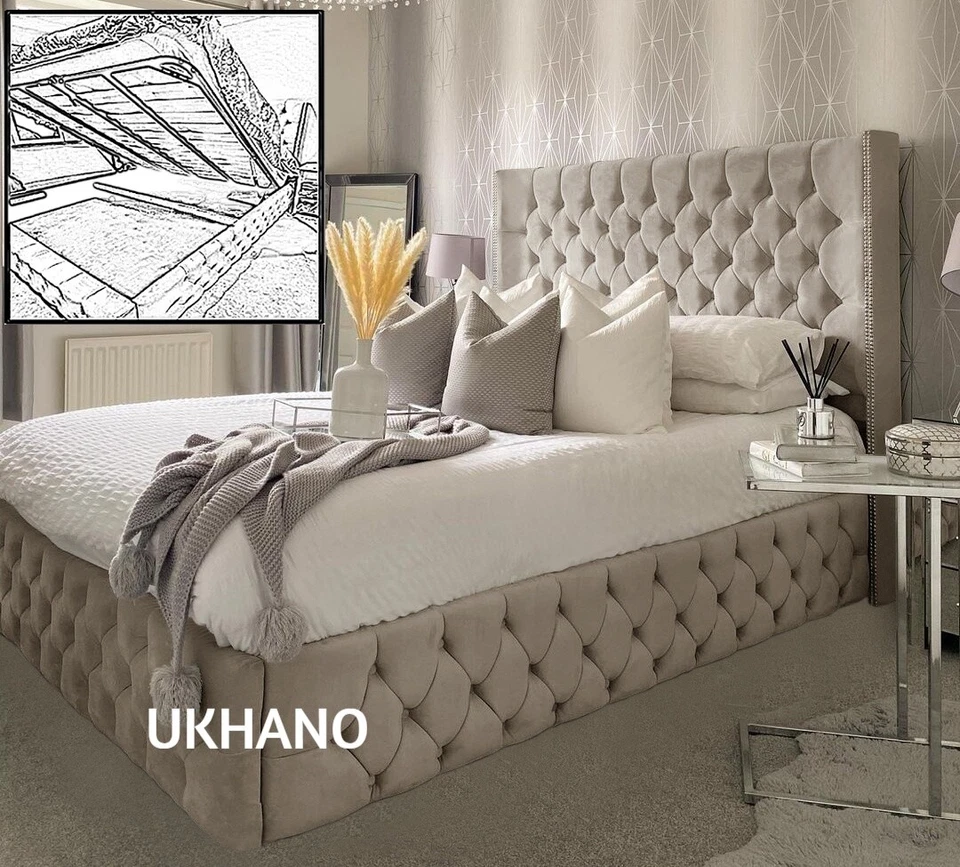UKHANO Plush Velvet Frankfurt Bed With/Without Storage, Ottoman Gaslift Bed, Slats Bed