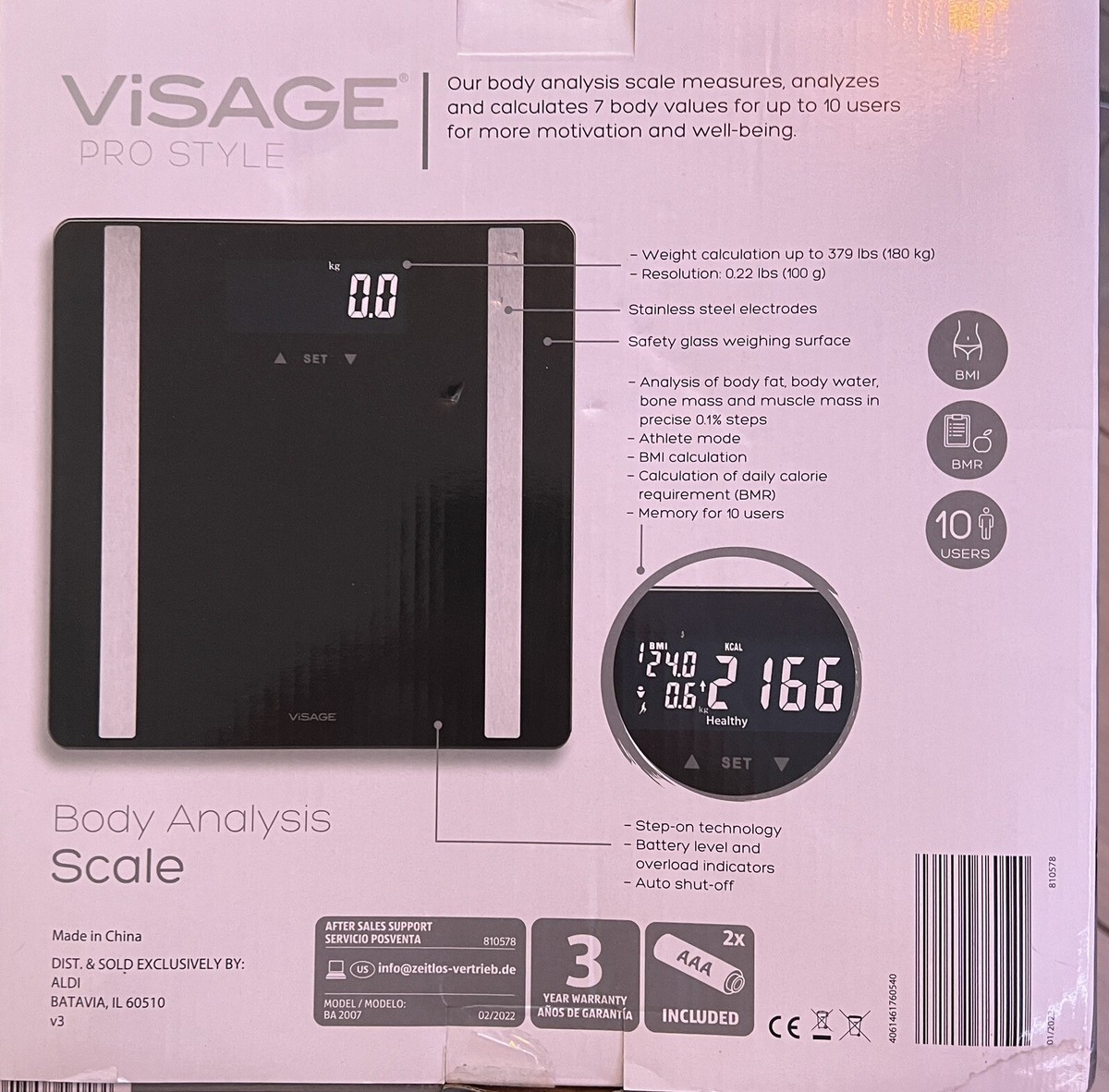 Visage Pro Style Body Analysis Scale Metrics, 10 User Memory