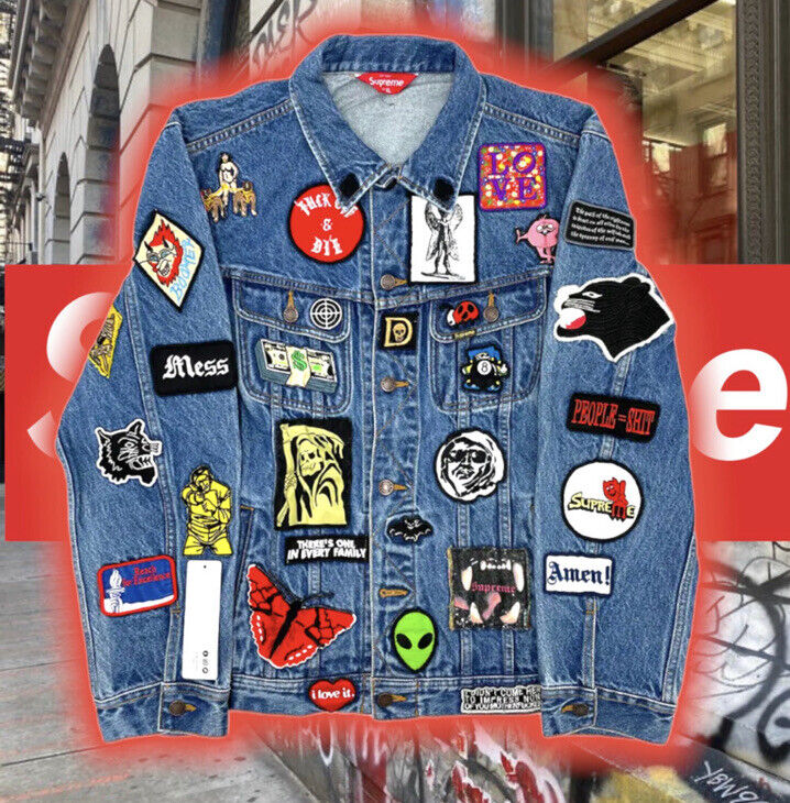 Supreme Patches Denim Trucker Jacket Blue (SS18J53) Men's Size med