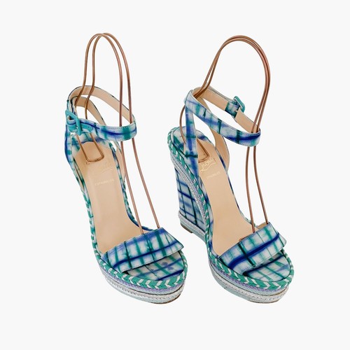 Christian Louboutin Duplice 140 EU 38 US 8 Blue Tie Dye Espadrille Wedge Sandals