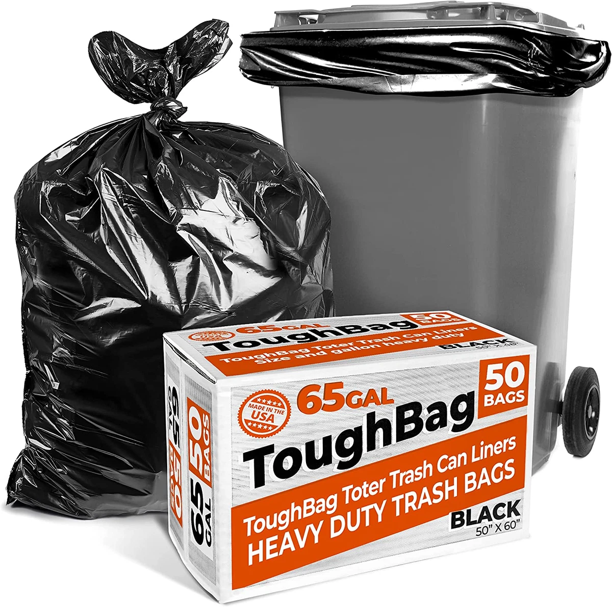 65 Gallon Industrial Trash Bags, 50 X 60” Large Black Garbage Bags