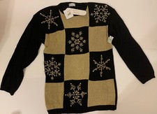 NWT DEADSTOCK Vintage 1980s Christmas Black Gold Thick Knit Sweater Large Beaded