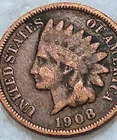 1908 Indian Head Cent Penny 1C - F - #12754