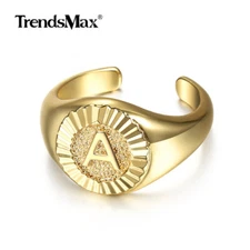 Gold Plated Initial A-Z Letter Alphabet Signet Ring Personalized Open Band Ring