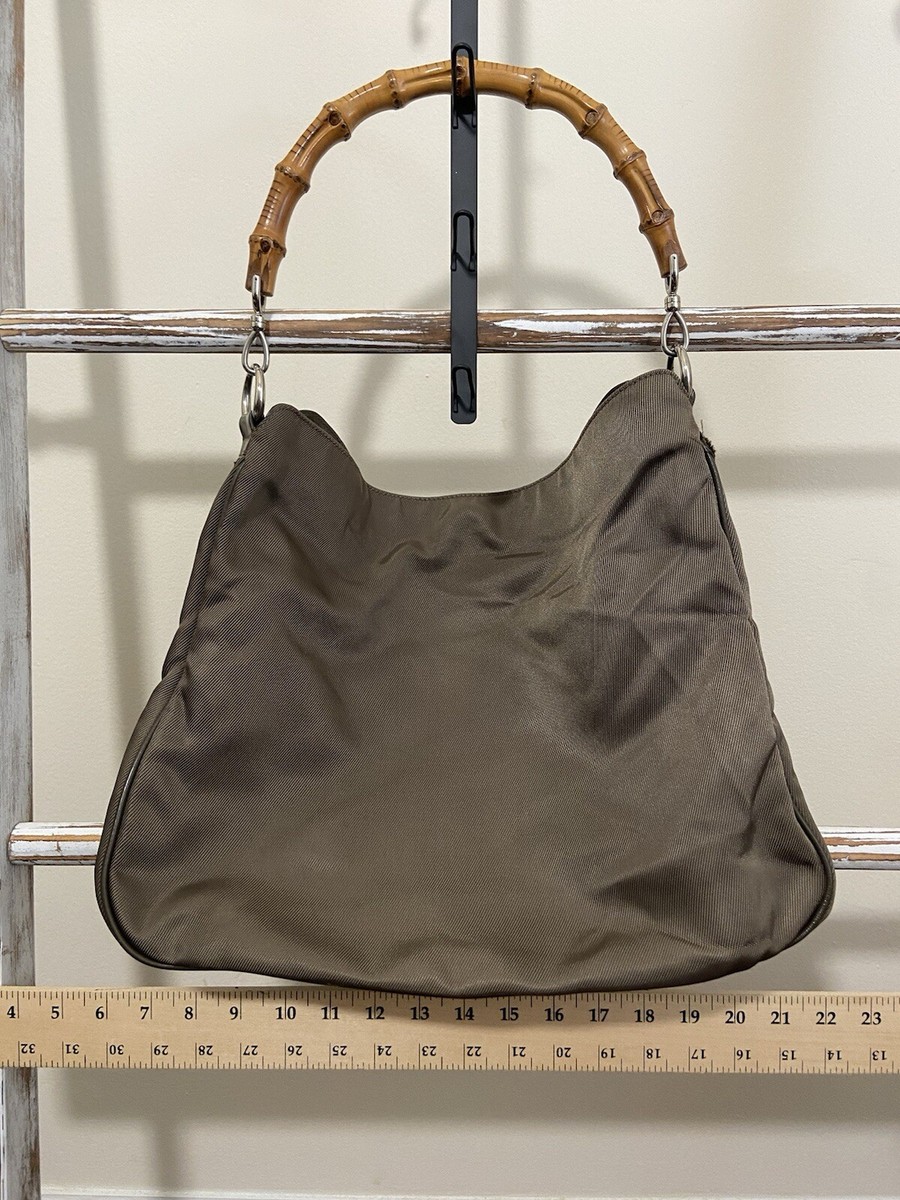 み*ん様 00's GUCCI Bamboo Nylon Leather Han Gucci Bamboo Khaki Brown Nylon Hand Shoulder Bag, Fair Condition