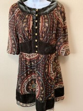 THEME ANTHRO Boho Velvet Trim Paisley Print Dress Medium