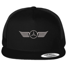 Vintage Mercedes Car Logo Emblem Printed on Black Hat Flat Bill Trucker Cap