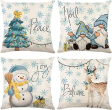 Set of 4 Decorative Christmas  Throw Pillow Covers Winter Holiday Linen, 18x18in