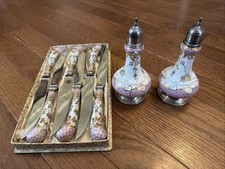 Antico agitatore sale e pepe sterling A&E lewis Deco dipinto a mano floreale + coltello