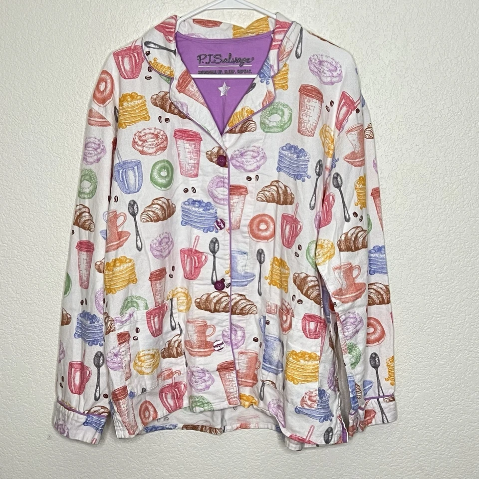 Juego de pijama de franela grande PJ Salvage donuts café abotonado mangas largas Ab25 Foto 3 de 4