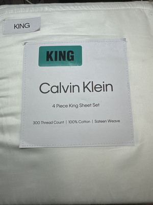 CALVIN KLEIN 4-Piece White King Sheet Set 300 TC 100% Cotton Sateen Bedroom