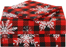 Red Buffalo Plaid Snowflakes Sheet Set King Size, 4 Piece Christmas Winter Micro