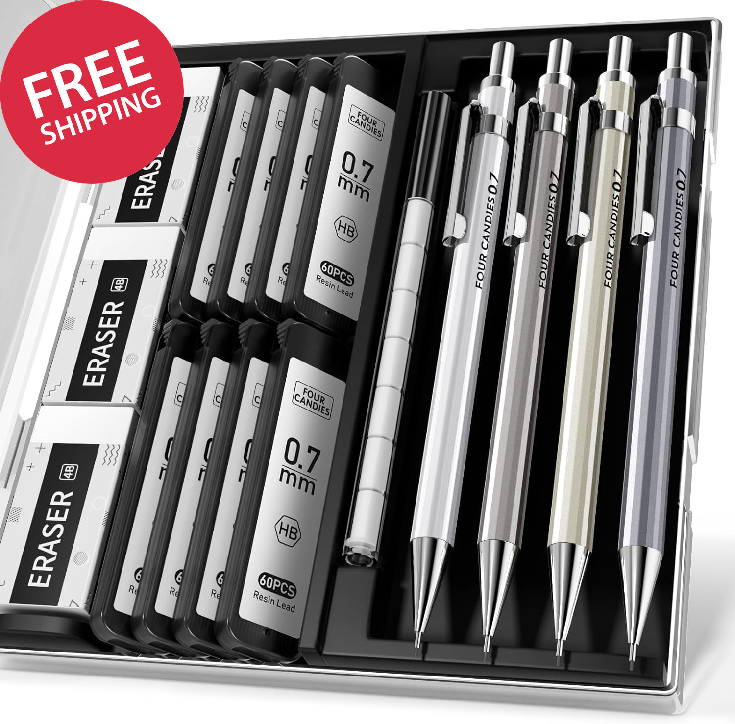 Set With Case - 4pcs Metal Mechanical Pencils, 8 Tubes H