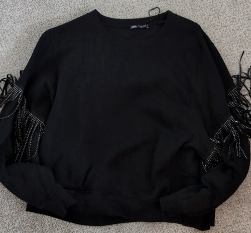 ZARA Black Jeweled Sweatshirt | Large | Long Sleeves | Rhinestone Fringe | NEW - Picture 6 of 10