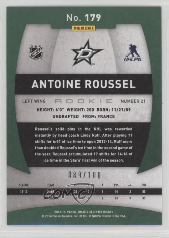 2013-14 Totally Certified Platinum Red /100 Antoine Roussel #179 Rookie RC - Image 2 of 2