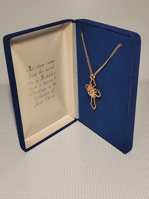 Vtg TMNS TM NS Nativity Holy Land relic stone from Bethlehem cross pendant medal