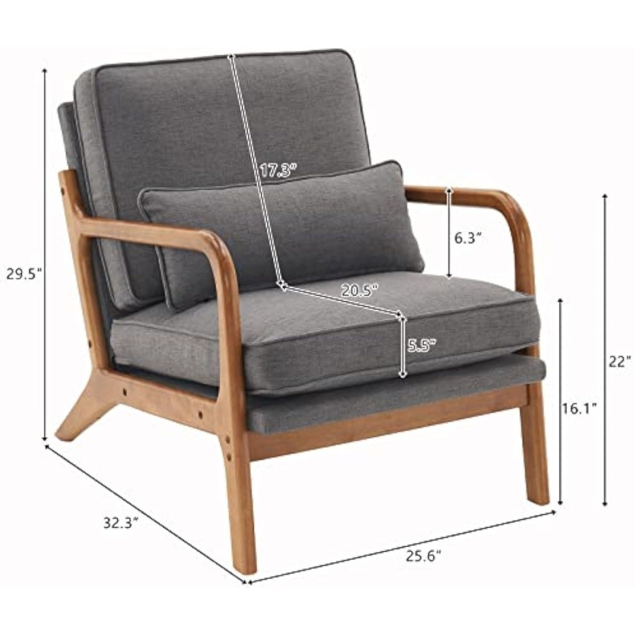 Linen dark grey comfy accent chair, mid century modern lounge armchair