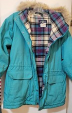 Vintage Woolrich Women's Large Wool Plaid Lined Teal Made USA Parka Coat Jacket
