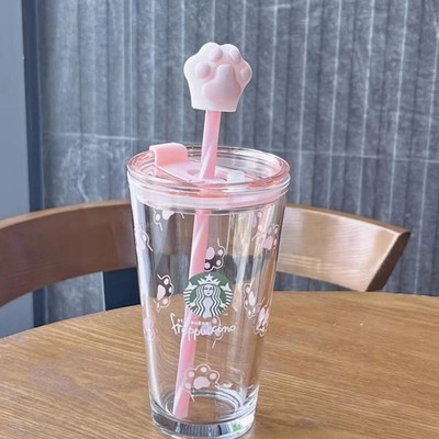 Starbucks 15oz Valentine's Double Mouth Glass Cup   Straw in Cute Cat Claw Shape