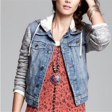 Free People Denim Mixed Media Fringe Hooded Jacket sz S