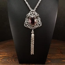 Vintage Victorian Revival Tassel Necklace Amethyst Glass Rare Estate Jewelry