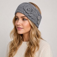 Crochet Flower Knit Ear Warmer Headband Purple Gray Button Winter Boho