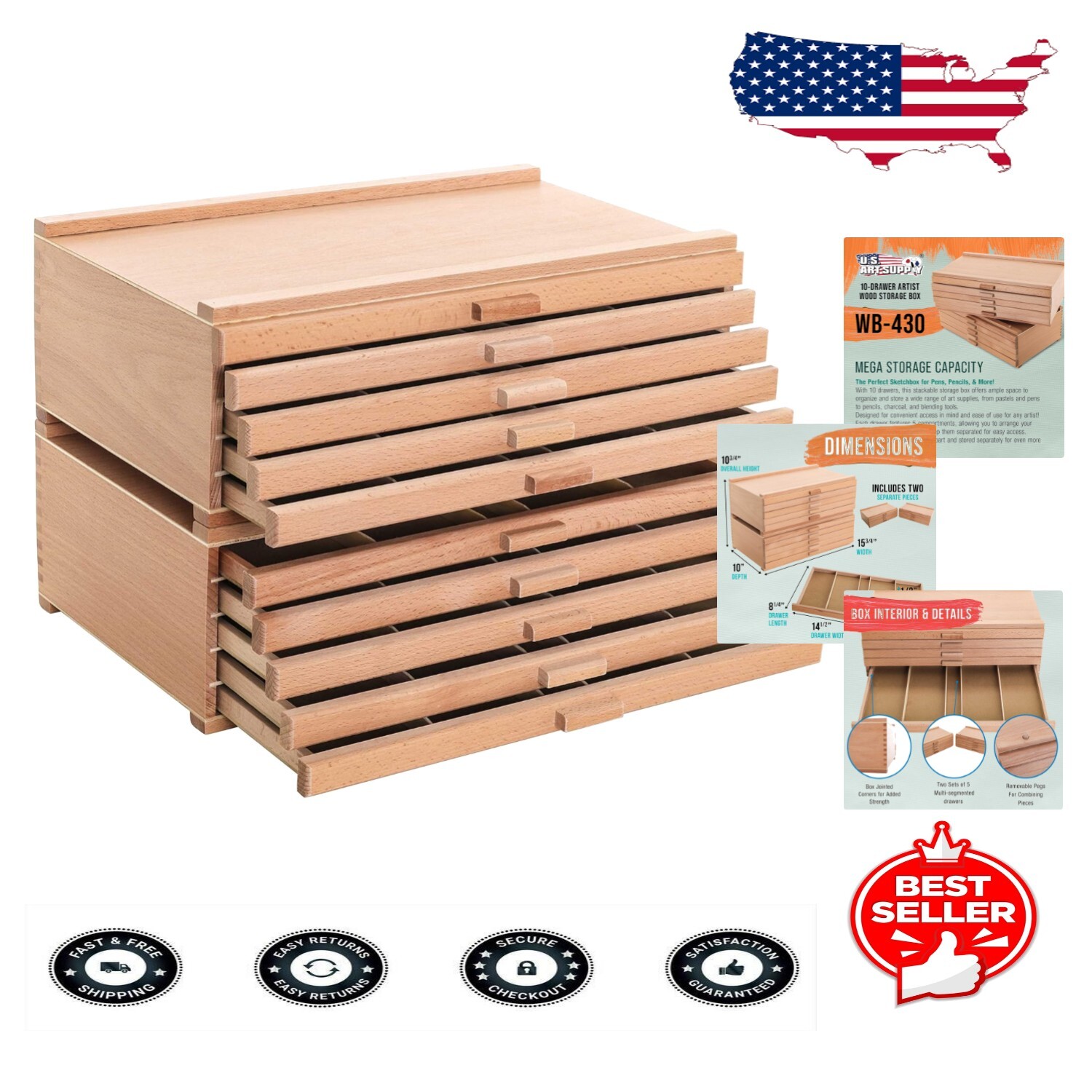 Portable 10-Drawer Art Storage Box with Removable Compartments – Brown Finish