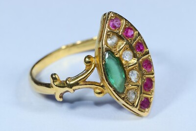 Stunning 18K Gold Egyptian Emerald, Burmese Rubies, & White Sapphires Fan Ring