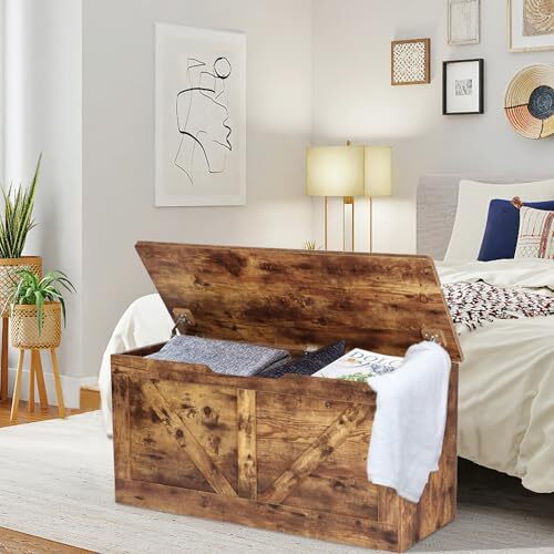 39.4" Storage Chest, Wooden Storage Bench, Large Storage Trunk Rustic Brown - Picture 3 of 6