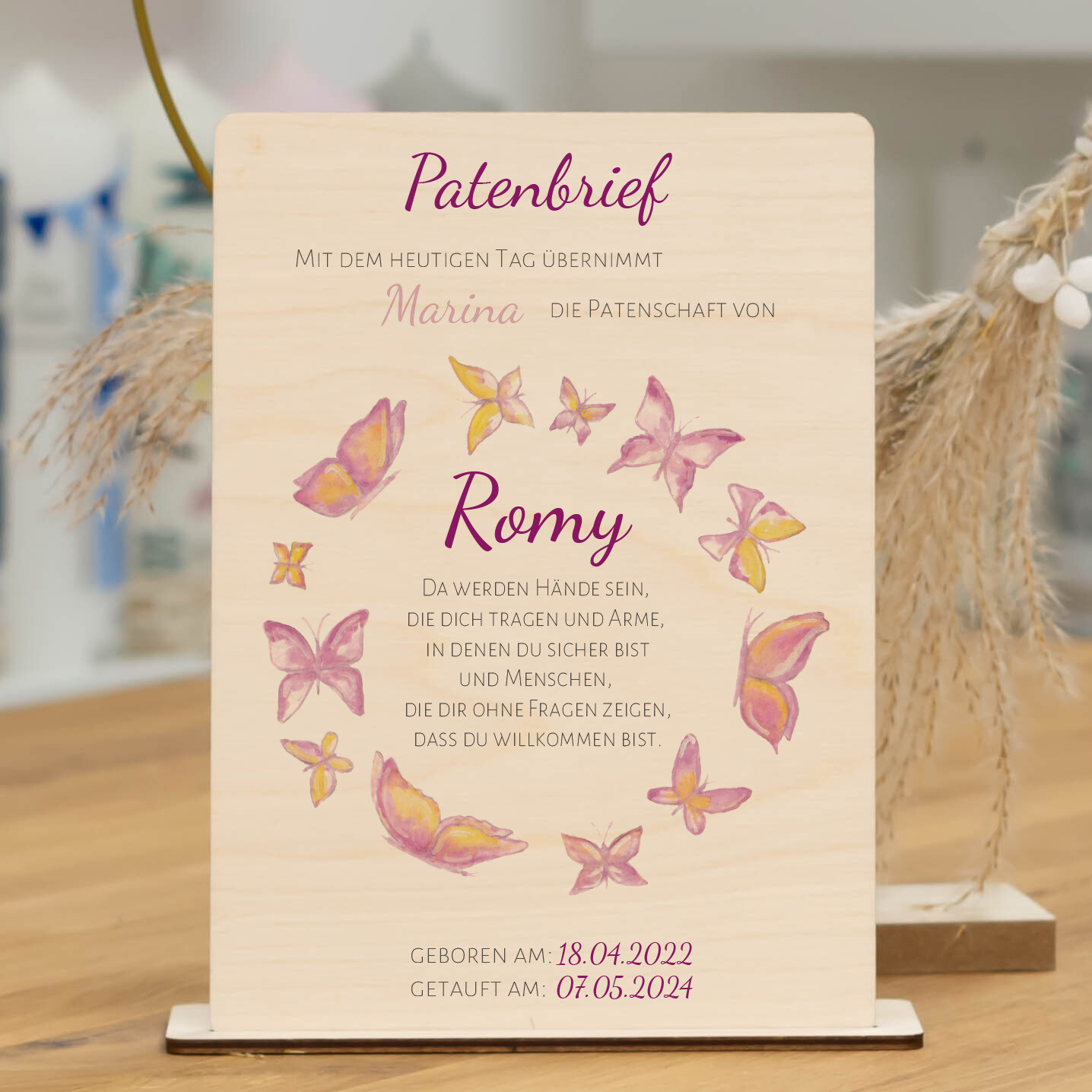 meinkerzenshop® Patenbrief aus Holz BUTTERFLY für Deine Paten als Geschenk