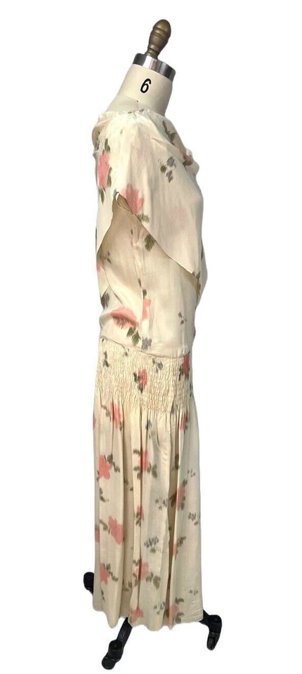 Antique 1920s Silk Tea Dress Watercolor Floral Smocked Waist Wedding Rare Find - Image 4 of 4