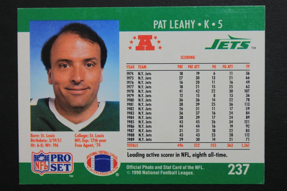 Pat Leahy NY Jets Kicker Signed 1990 Pro Set #237 Autographed Football Card  - Image 2 of 3