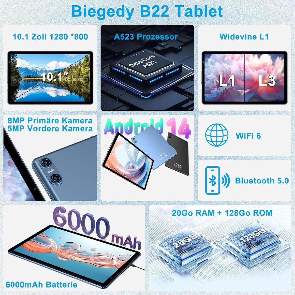 Biegedy 10.1 inch Android 14 Octa-Core 2024 Tablet 20GB RAM +
