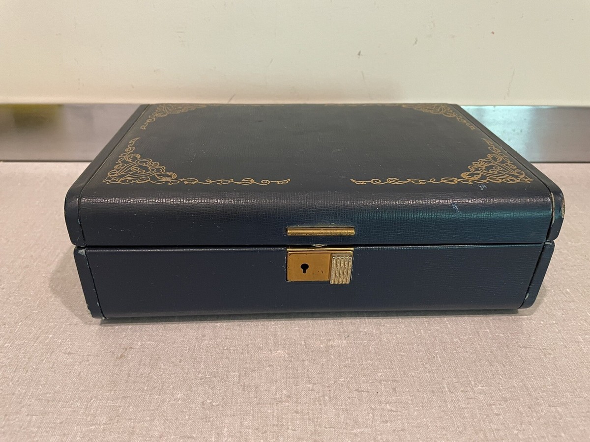 Vintage Fashioned By Farrington Jewelry Box Genuine Texol Navy Blue Gold  VTG