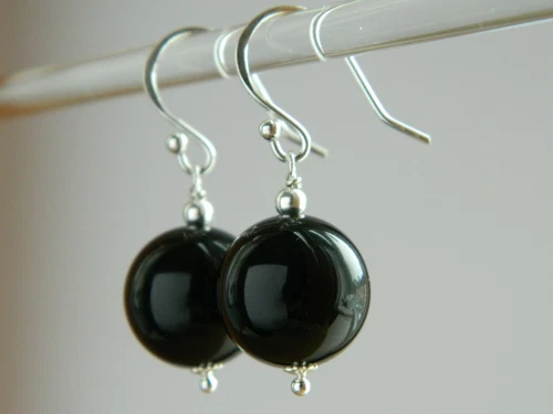 Large 14mm Black Onyx Gemstones & Silver Drop Elegant Handmade Earrings - Picture 12 of 13