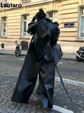 Extra Long Black Pu Leather Trench Coat Women with Back High Slit Luxury Fashion