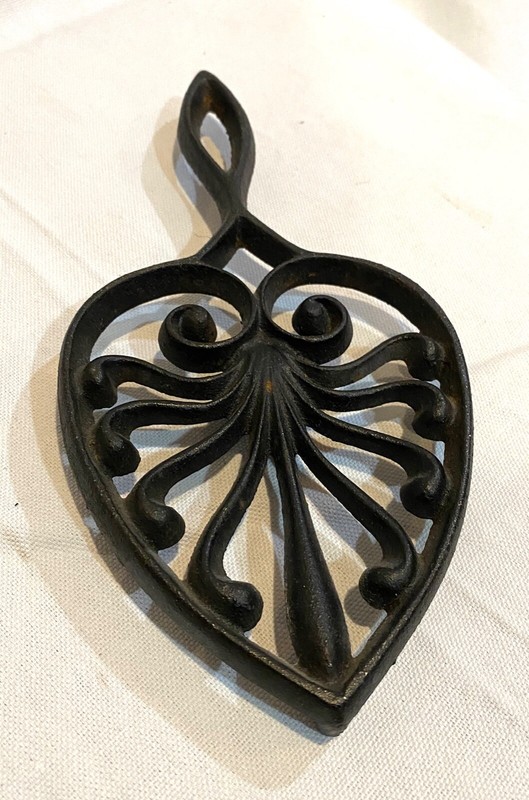 Antique vintage cast iron trivet, 9 1/4" 4 1/2" Heart shaped design, original