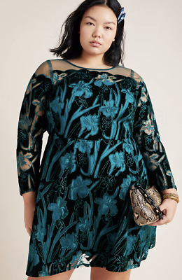 Eva Franco Anthropologie Juliet Embroidered Velvet Mesh Dress 16W Green  Floral | eBay