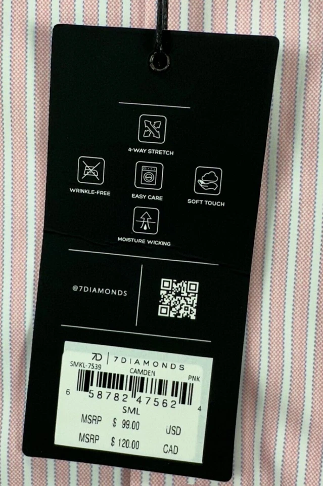 7 Diamonds 7D 衬衫男式小号 Camden 粉红色条纹 4 路弹力纽扣新品 — 第 2/4 张图片