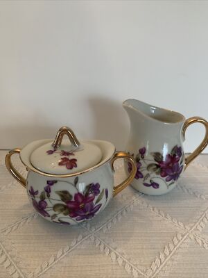 Vintage Hand Painted Purple Violets Creamer And Covered Sugar