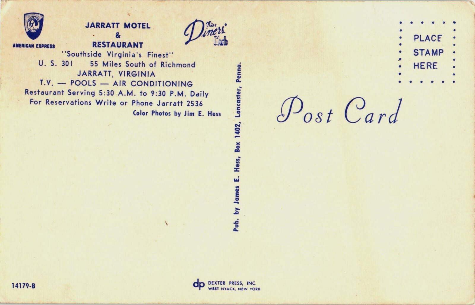 Jarratt Motel Hotel Virginia 1950s Vintage Postcard Old Cars Chevy