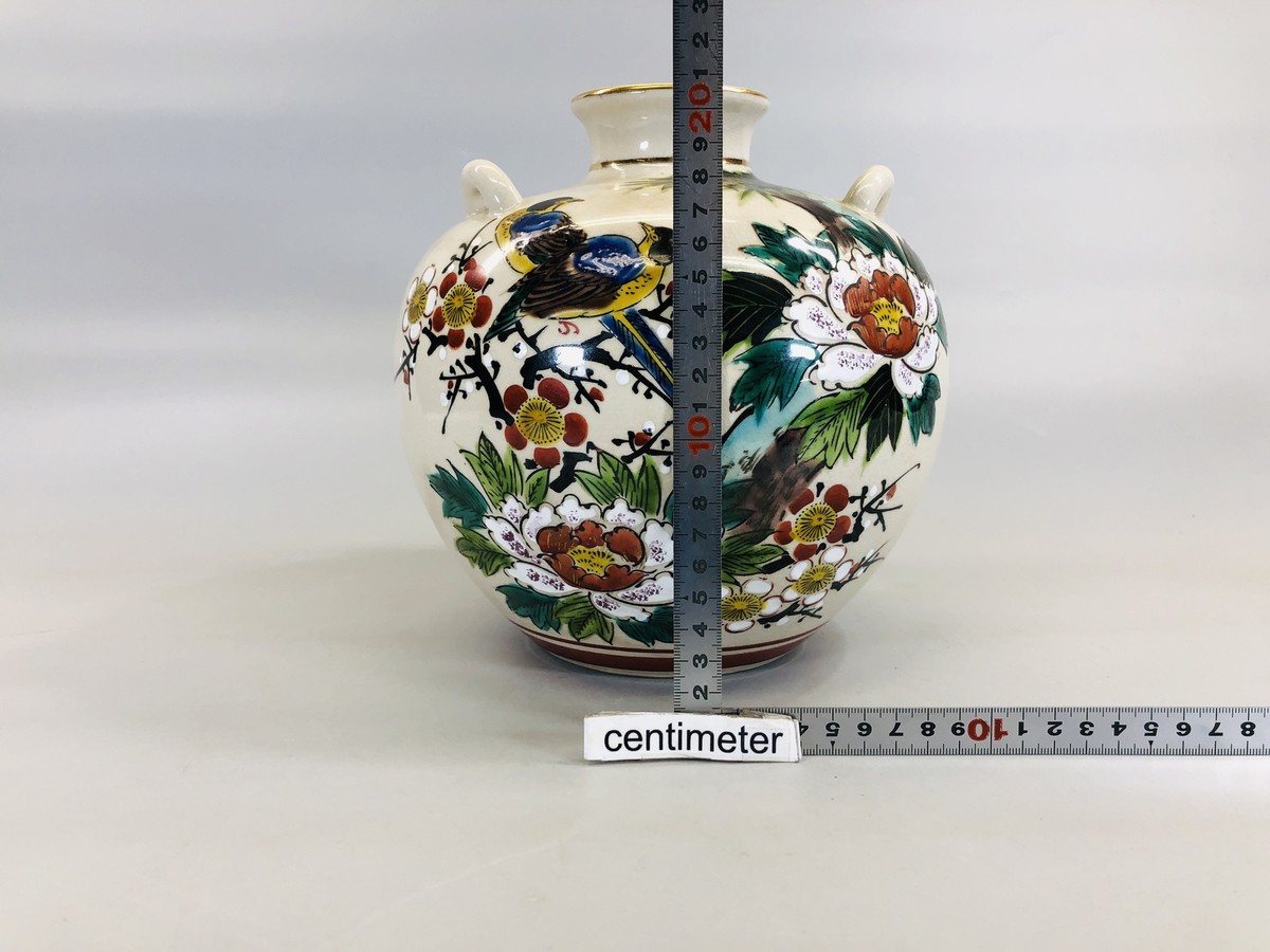 Y5662 FLOWER VASE Kutani-ware signed box color paint Japan ikebana