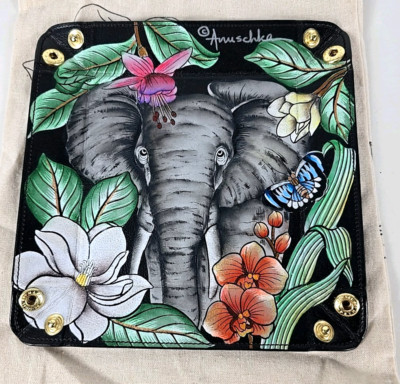 Anuschka Hand Painted Leather Catch All Tray Elephant Garden Jewelry Cosmetics