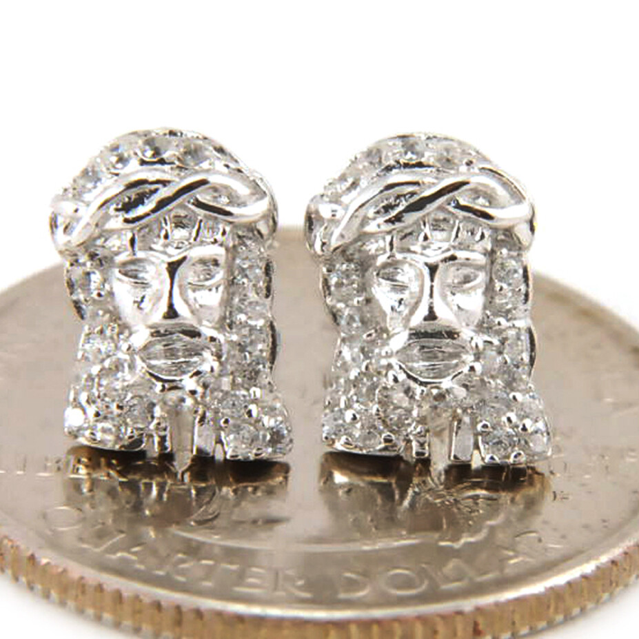 Men's Hip Hop Jesus Head Stud Earrings - 925 Silver, Iced Bling, Screw Back, 10mm