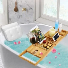 Bamboo Bathtub Caddy Over the Tub Bath Tray Rack Phone Holder Wine Glass Tablet