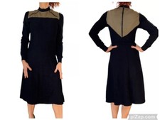 TRICOT CHIC ITALY SWEATER DRESS BLACK GREEN WOOL KNIT LONG SLEEVE MIDI A LINE 6